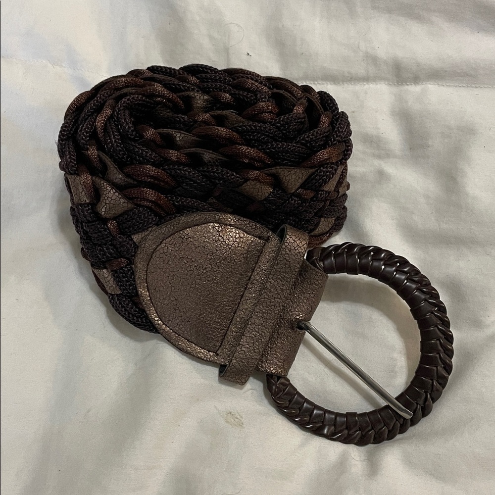 Brown & Tan | Metallic Shimmer | Braided | Woven | Round Buckle | Belt
